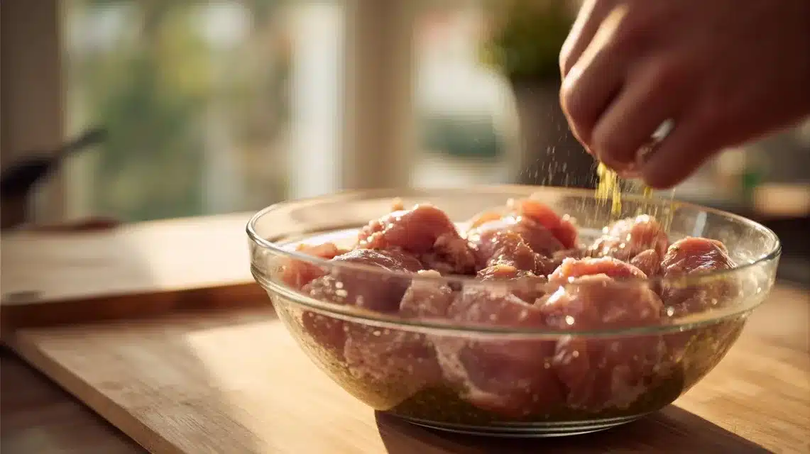 Boneless chicken thighs being coated for grilling