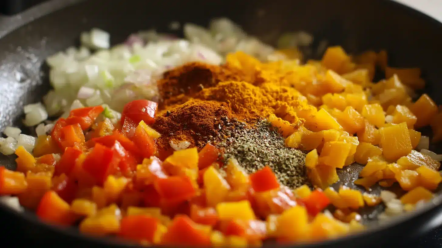 Spices for Peruvian chicken stew being stirred