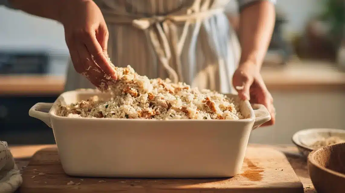 Spreading Mexican chicken and rice bake into dish