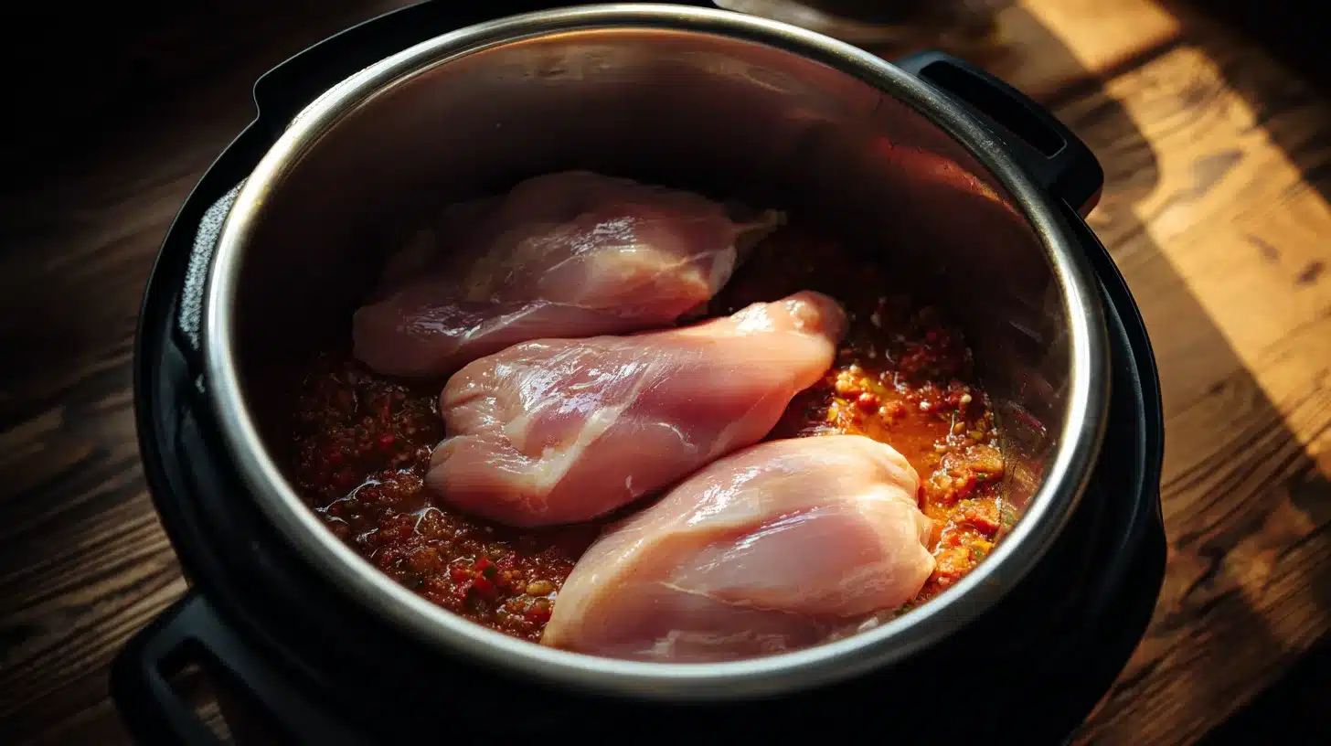 Chicken breasts on top of Instant Pot chili mixture