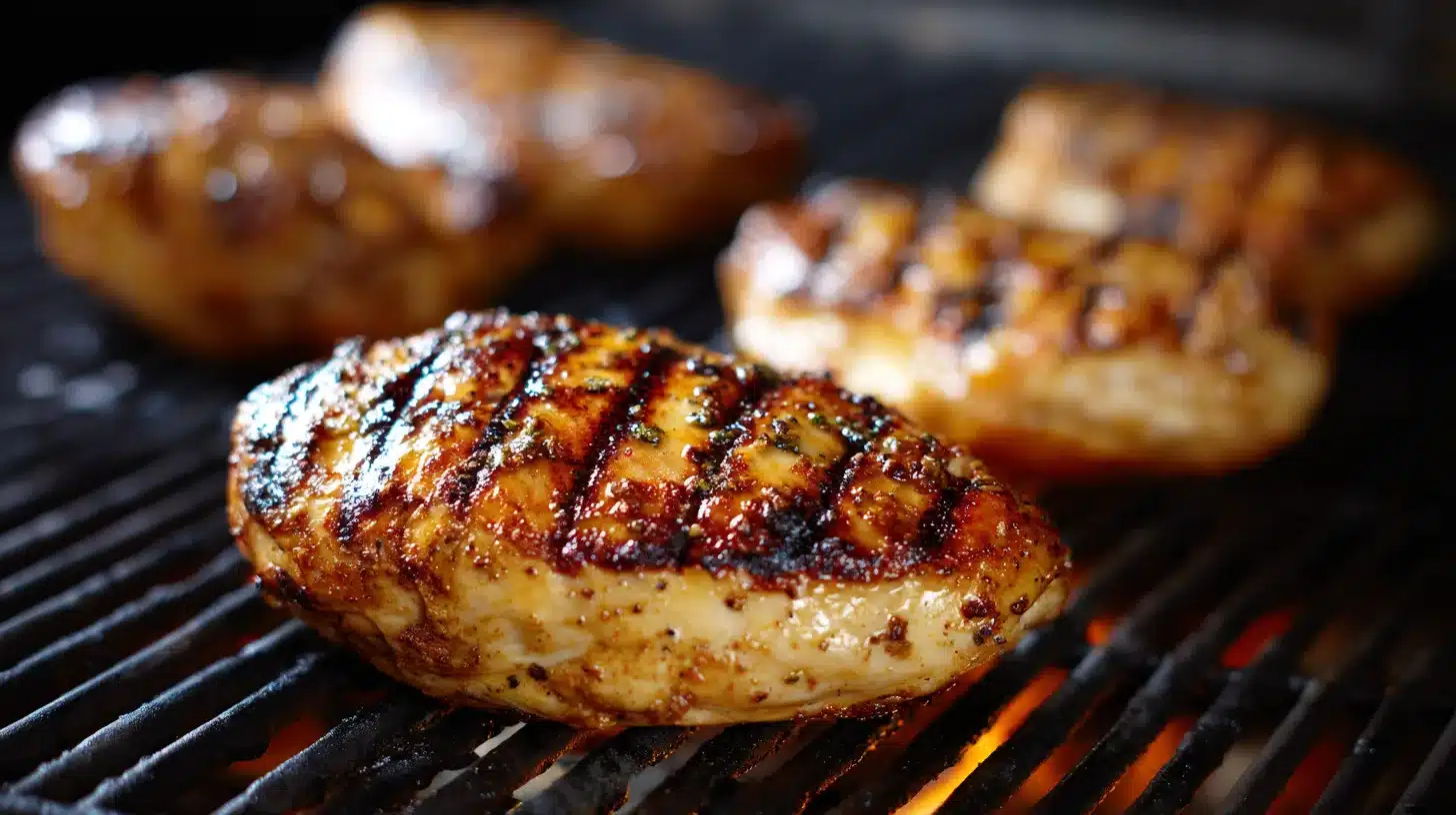 Teriyaki chicken on grill grates, mid-cook