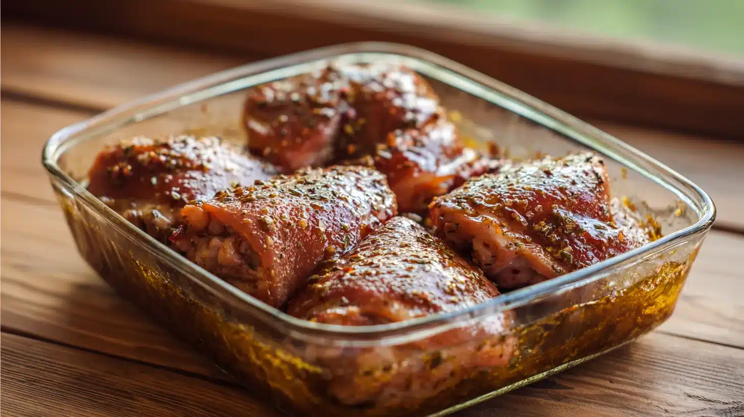 Chicken thighs marinating for grilled teriyaki chicken thighs
