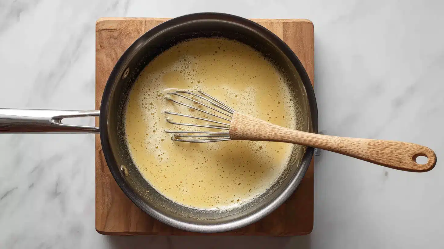 Adding liquid to pan for chicken alfredo orzo