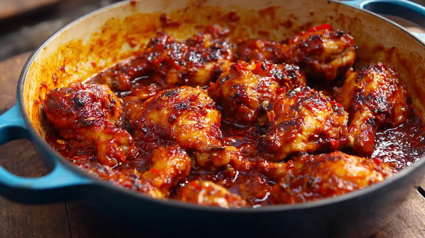 Simmering Hawaiian BBQ chicken recipe in skillet