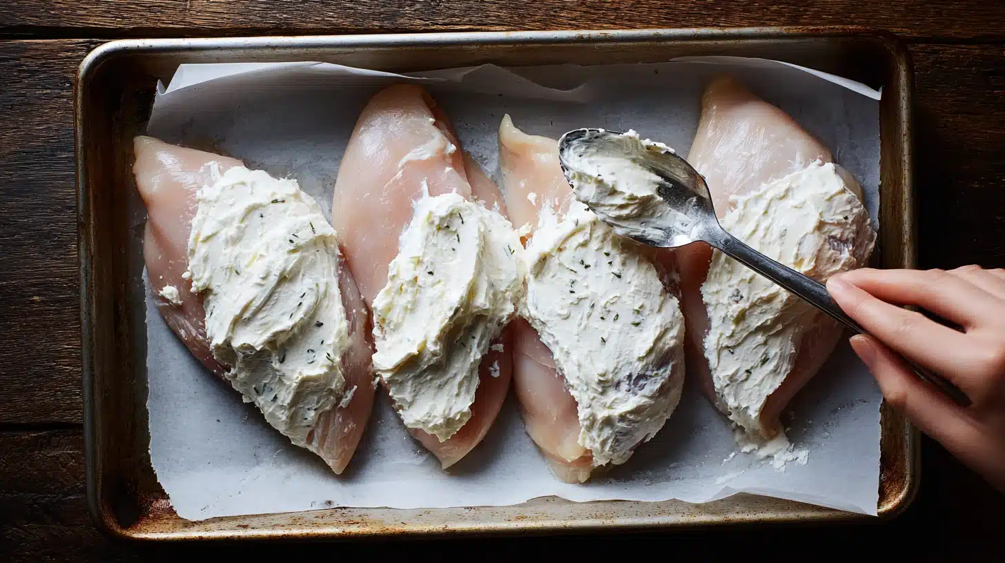 Applying creamy topping for hellmann's parmesan crusted chicken recipe