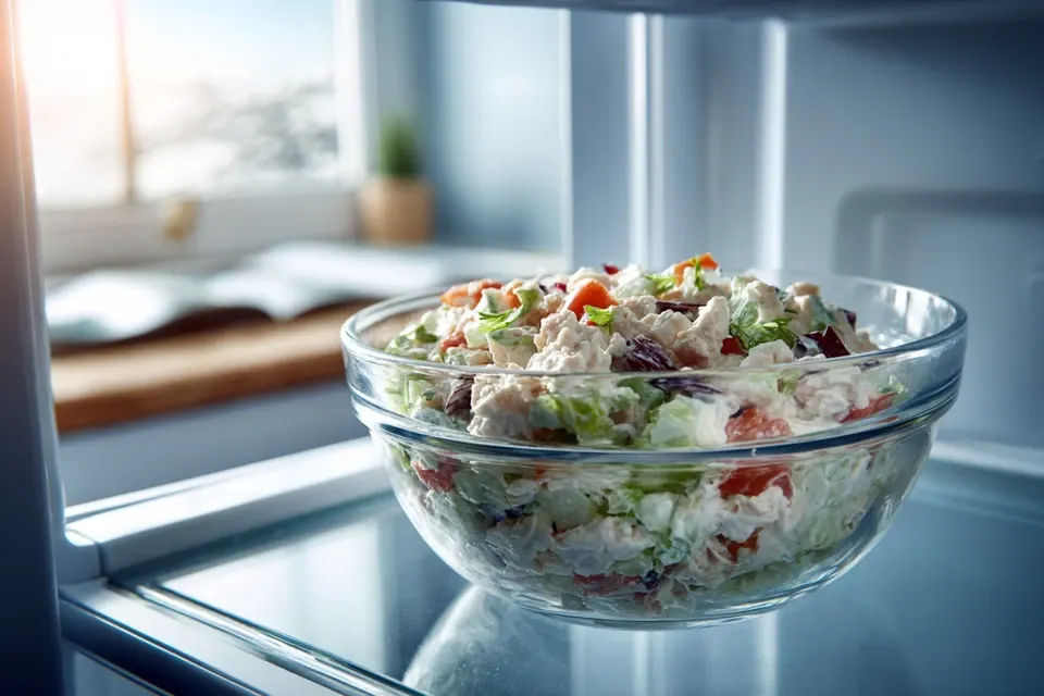 chicken salad with cottage cheese chilling in refrigerator