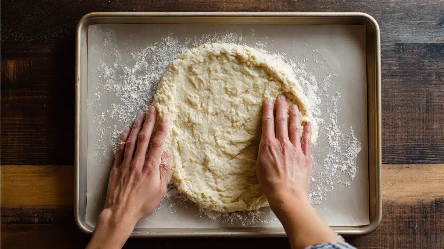 Shaping canned chicken pizza crust on tray