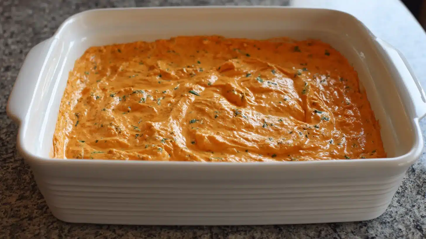 Smoothing buffalo chicken dip healthy recipe into pan
