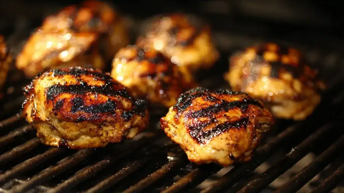 Grilled boneless chicken thighs cooking over flames
