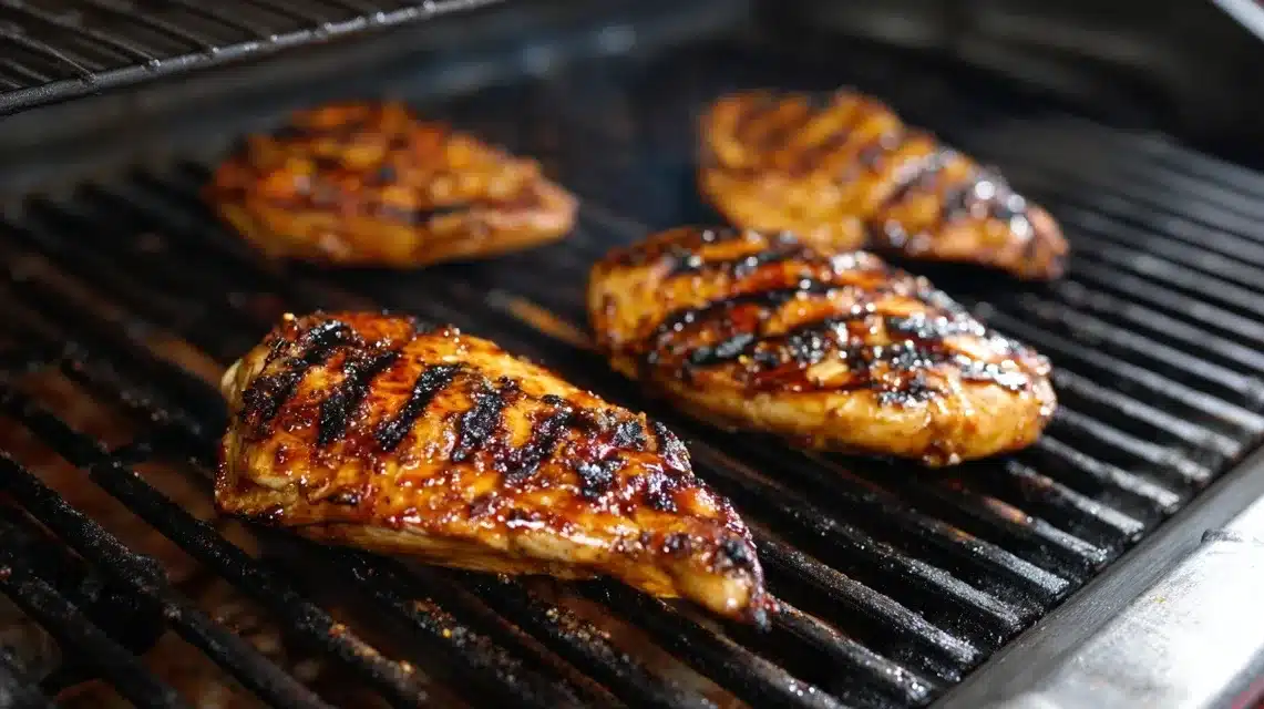 Grilled teriyaki chicken cooking over open flame