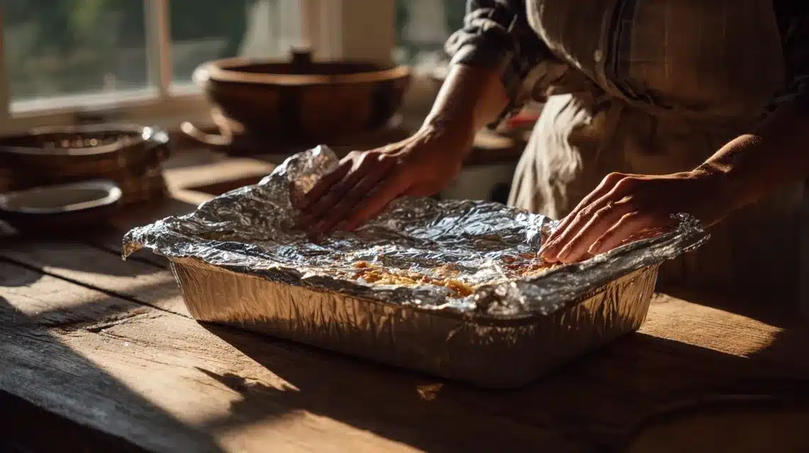 Covering Mexican chicken and rice bake before oven