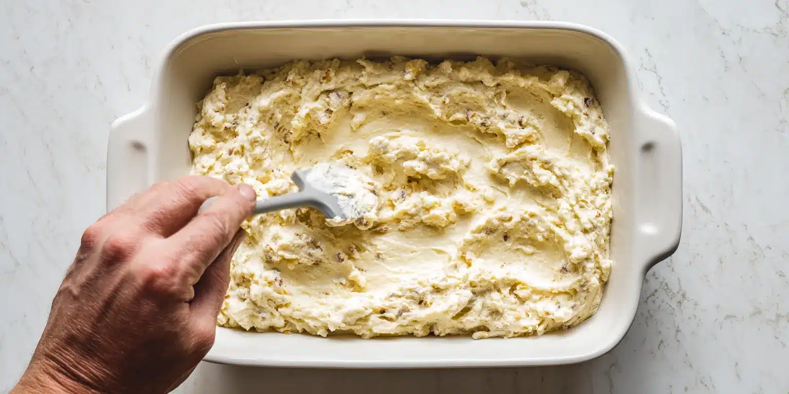 Spreading healthy chicken wing dip into baking dish