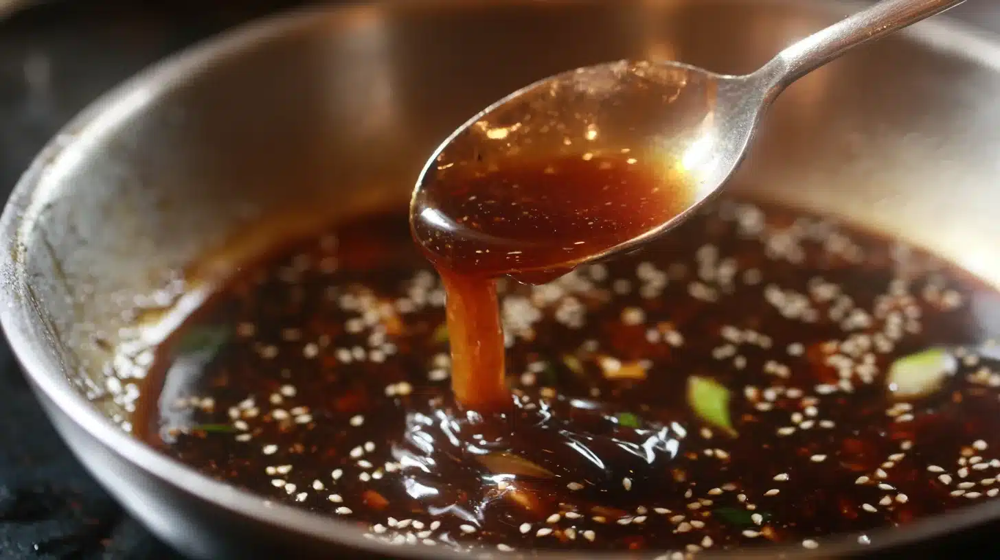 Thickened Panda Express Quick Grilled Teriyaki Chicken sauce in saucepan