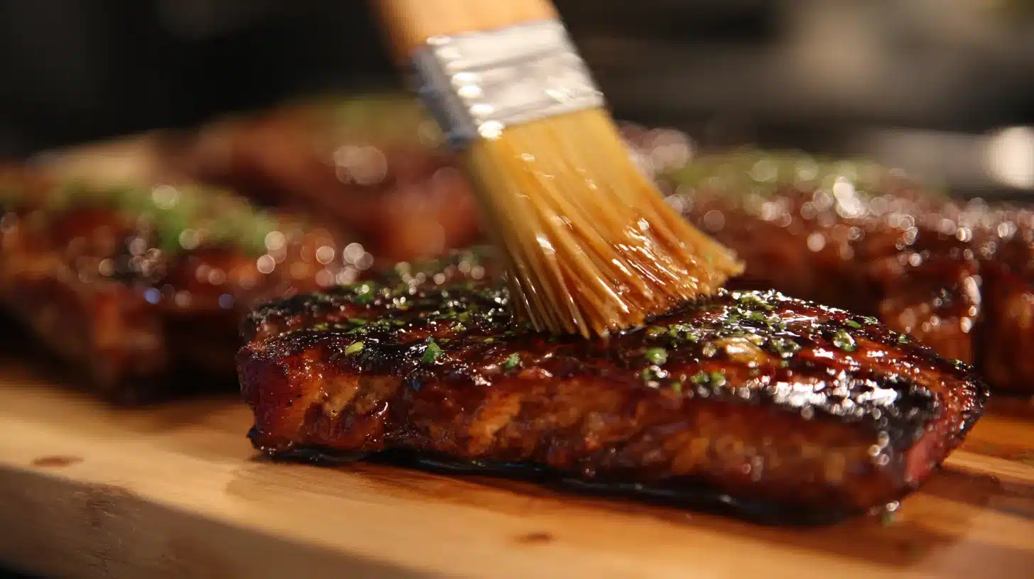 Brushing marinade on Panda Express Grilled Teriyaki Chicken