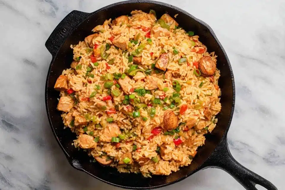 Rice stirred with veggies for Cajun Chicken and Rice