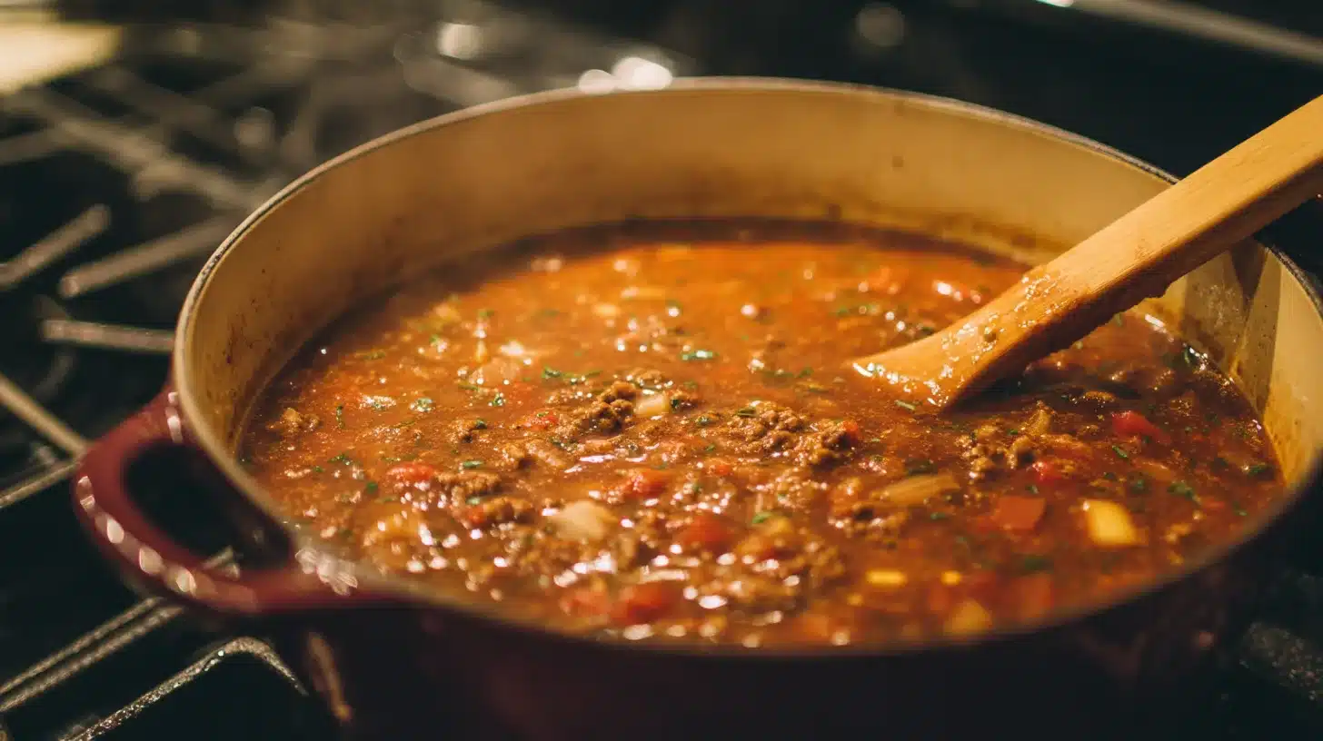 Spicy chipotle chicken soup simmering on stovetop