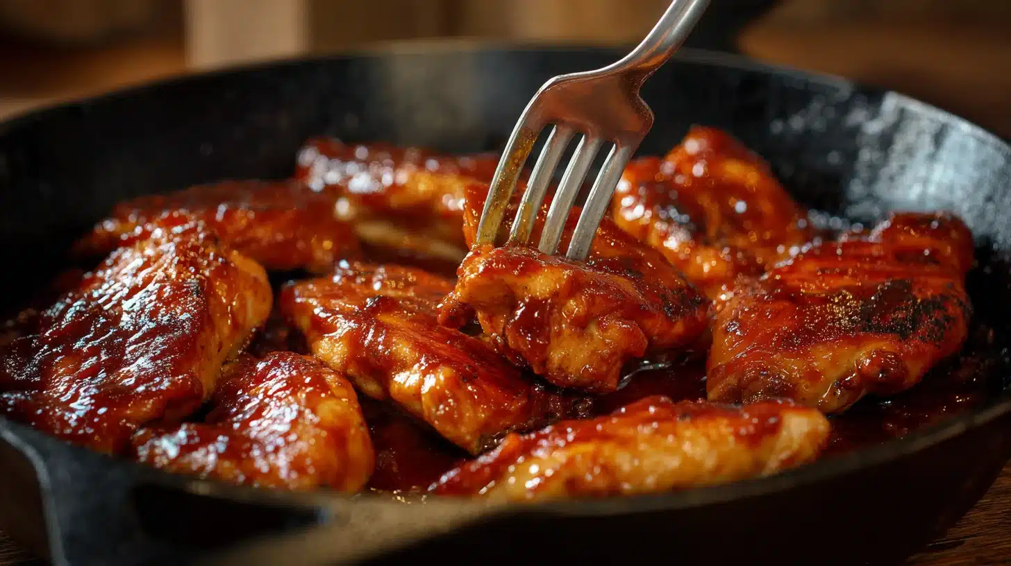 Finishing Hawaiian BBQ chicken recipe on stove