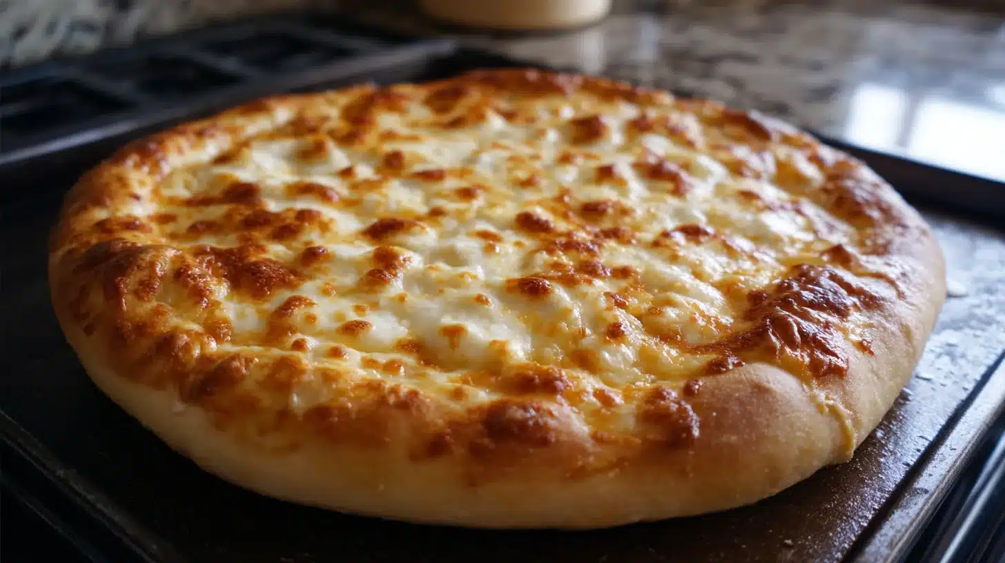 Chicken florentine pizza baking to golden perfection