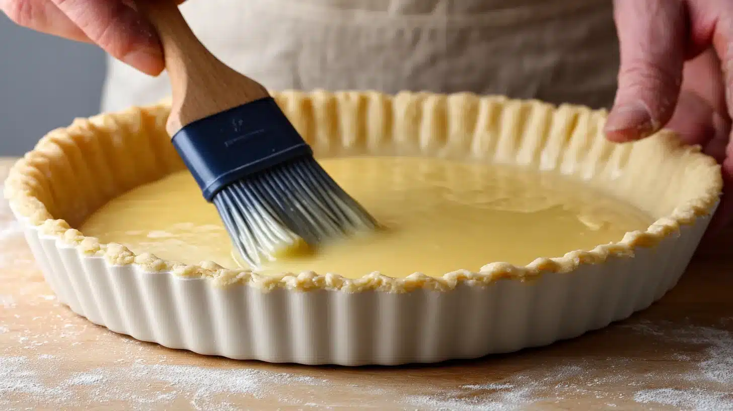 Egg wash being applied to crust of chicken pot pie with cream of chicken soup