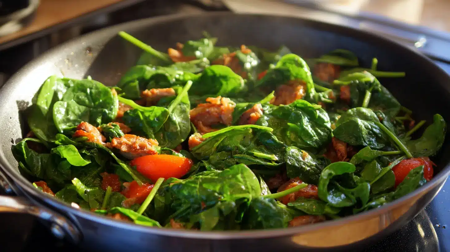 Spinach added to chicken sausage pasta skillet