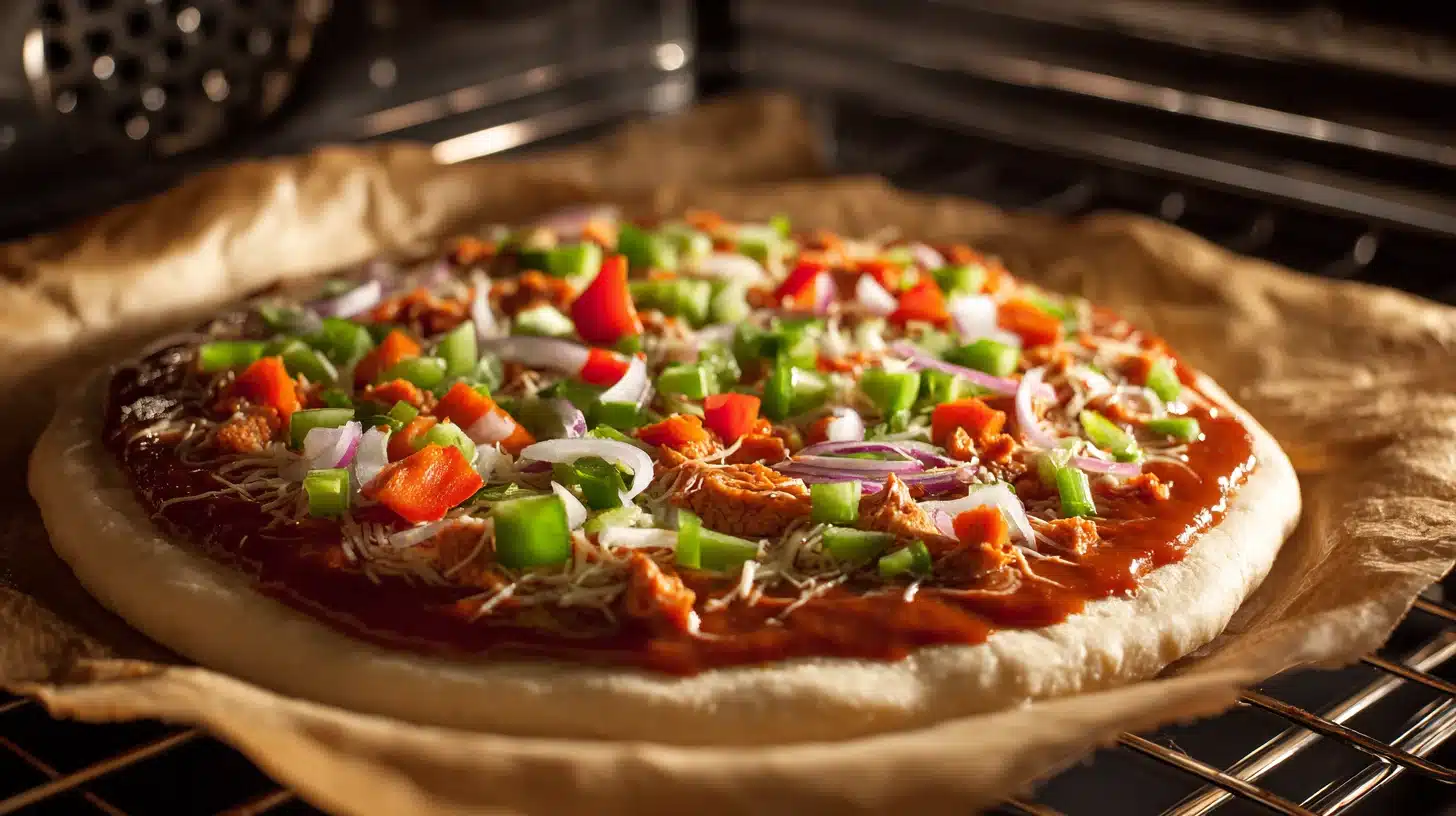 Ground chicken crust with sauce and toppings