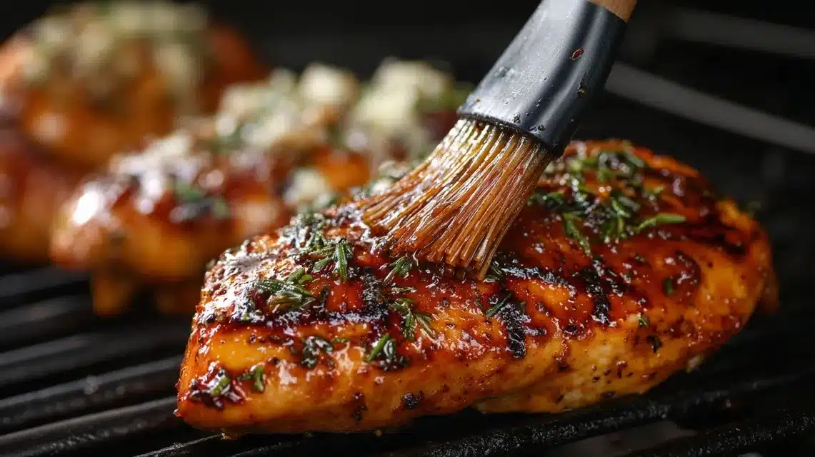 Brushing grilled teriyaki chicken with extra marinade