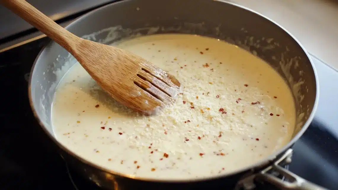 Garlic Parmesan Chicken Pasta creamy parmesan sauce simmering