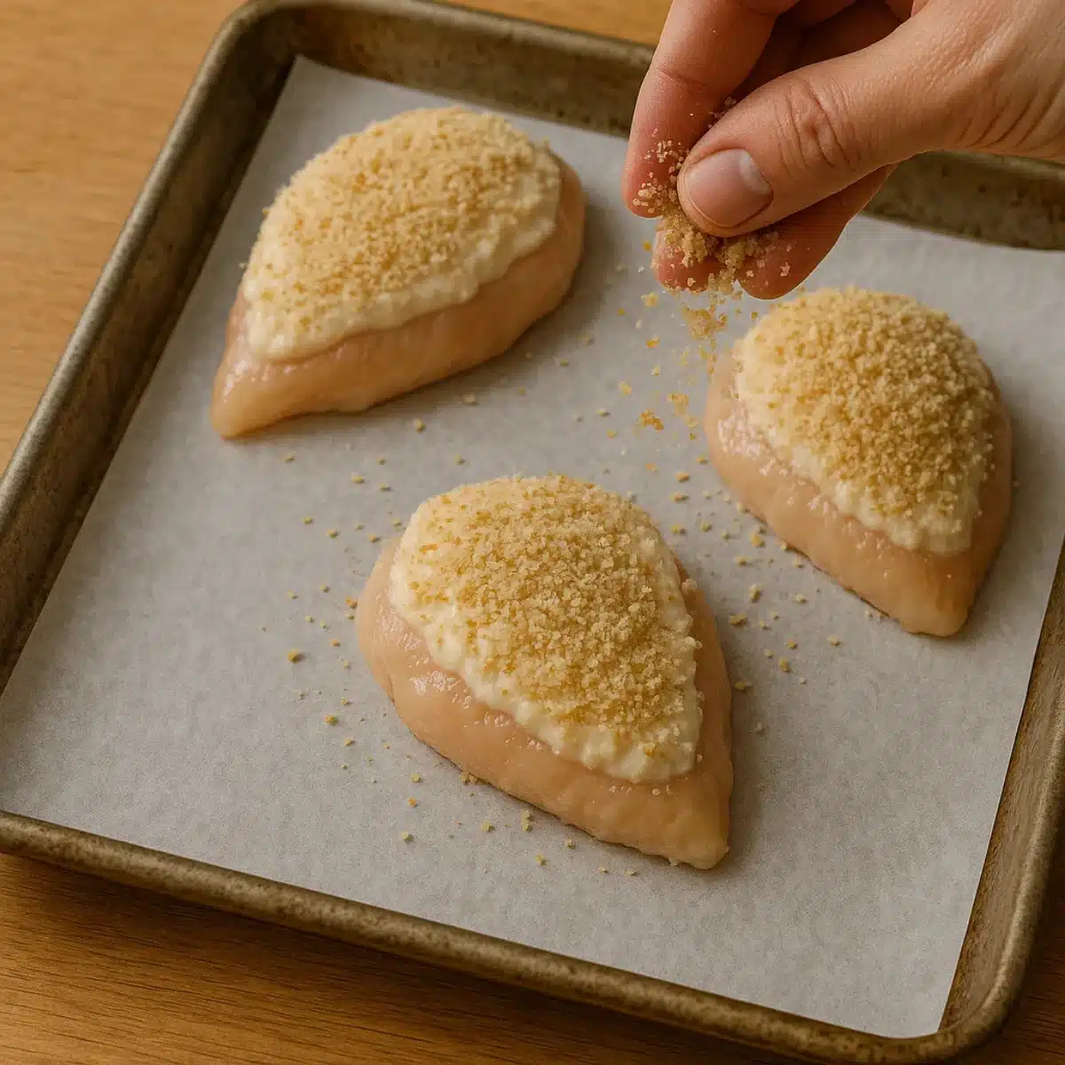 Pressing breadcrumbs into parmesan crusted chicken recipe Hellmann's