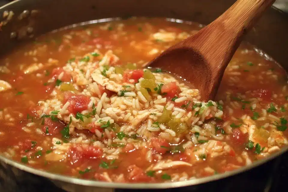 Cajun Chicken and Rice simmering in broth and tomatoes