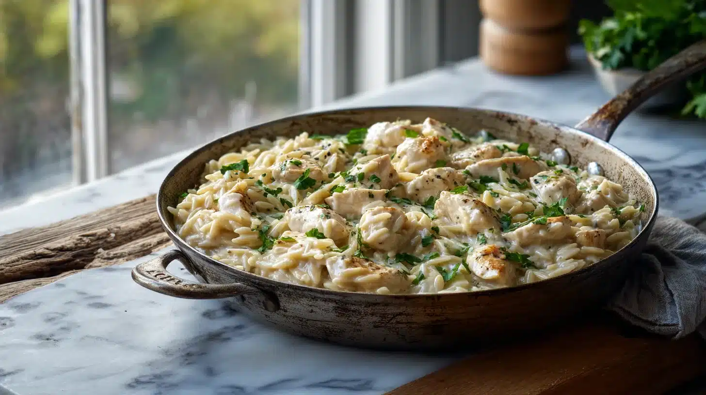 Chicken alfredo orzo mixed in one pan