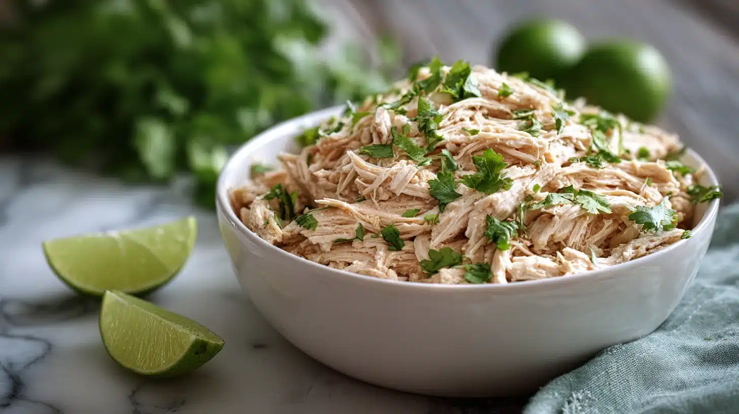 Crockpot southwest chicken served with cilantro and lime