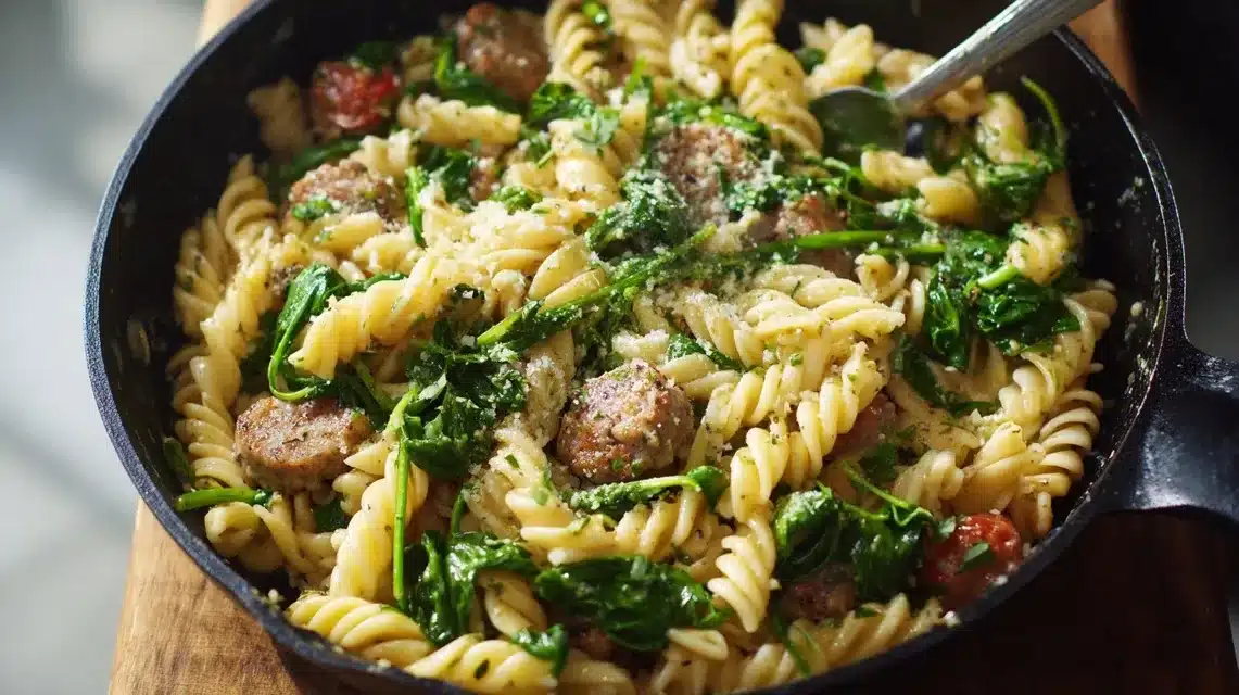 Whole wheat pasta mixed with chicken sausage and veggies