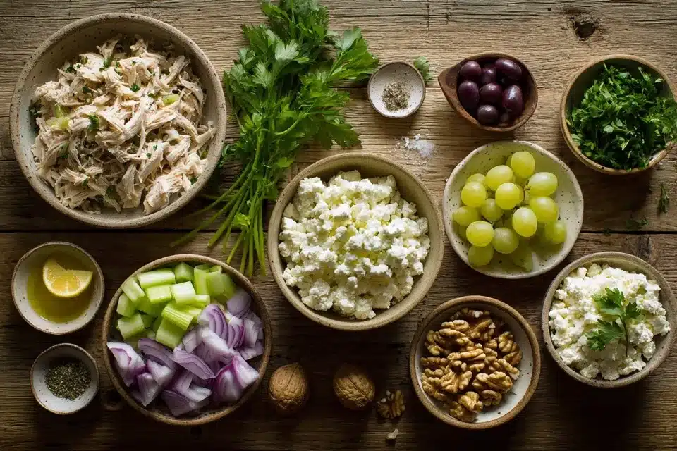 hicken salad with cottage cheese ingredients laid out on wood counter