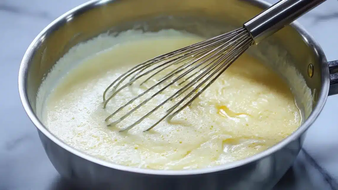 Making creamy garlic sauce for parmesan crusted chicken