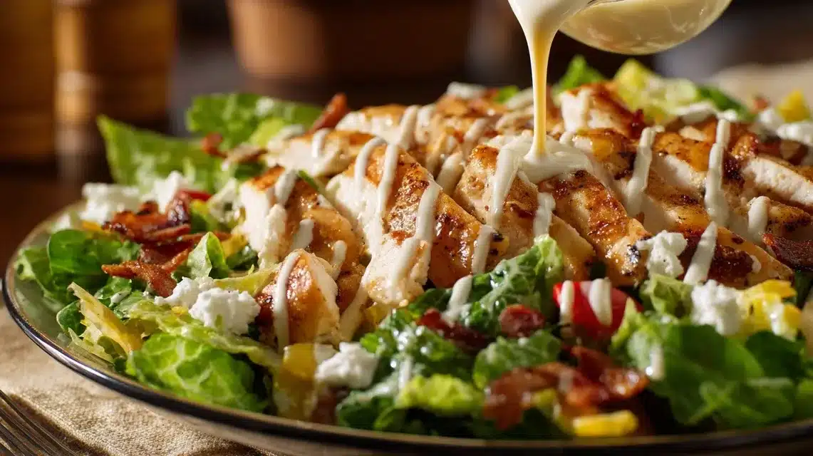 Chicken tender salad with balsamic dressing being poured