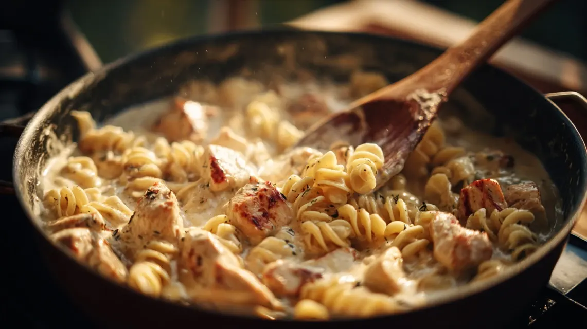 Garlic Parmesan Chicken Pasta tossed in skillet with cream sauce