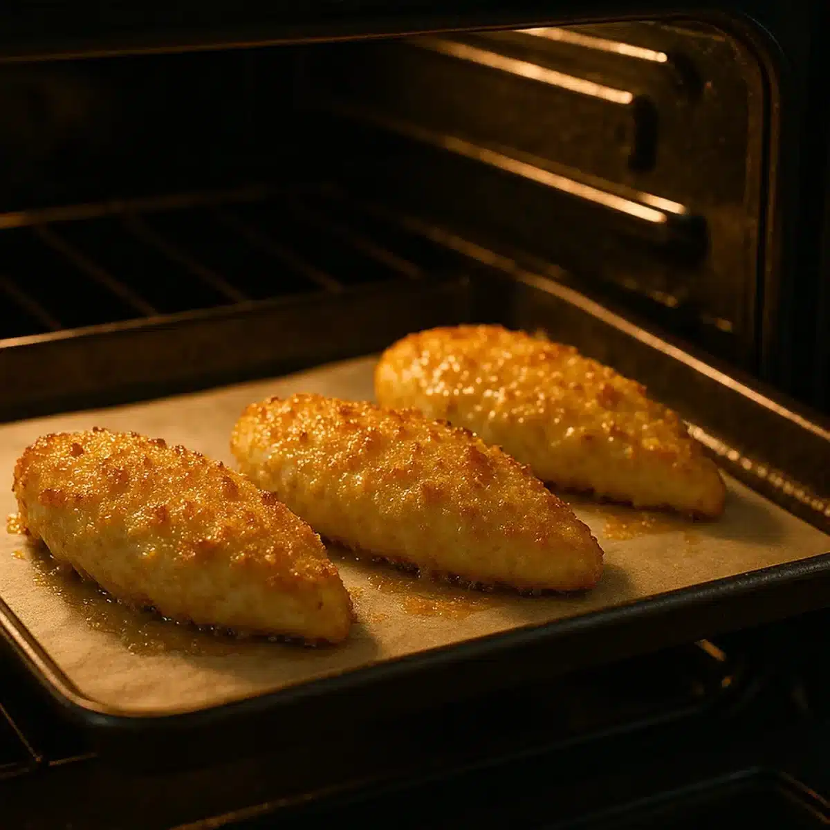 Chicken baking golden in parmesan crusted chicken recipe Hellmann's