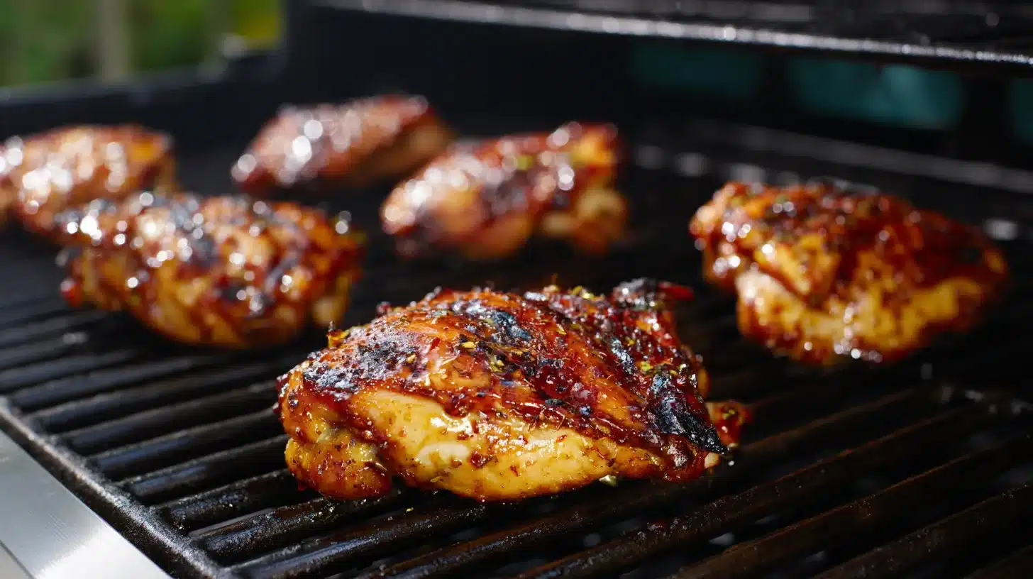 Basting grilled teriyaki chicken thighs with thick sauce