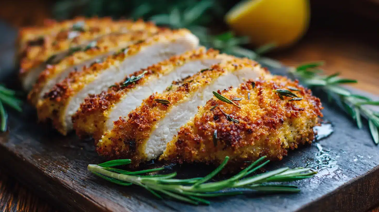 Letting parmesan crusted chicken rest before slicing
