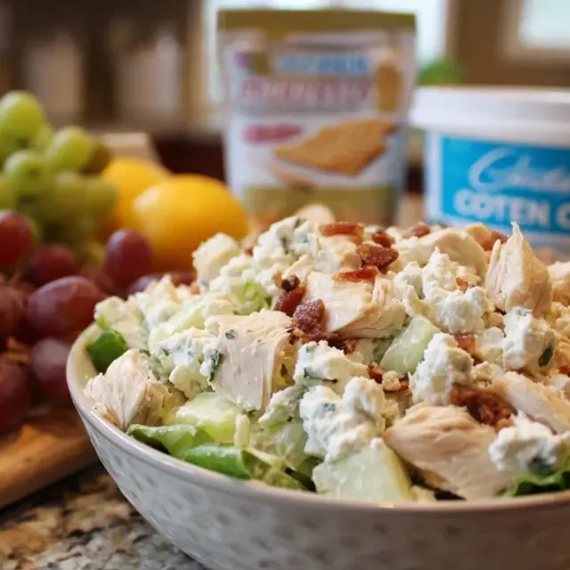 chicken salad with cottage cheese ingredients laid out on wood counter