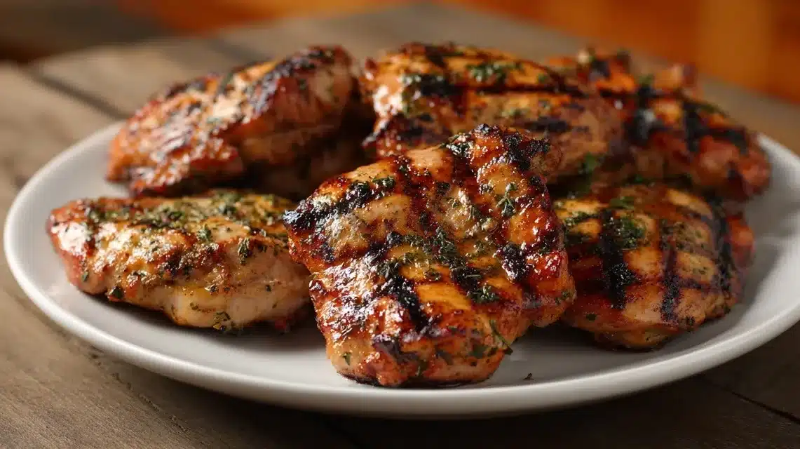 Grilled boneless chicken thighs served on a rustic plate