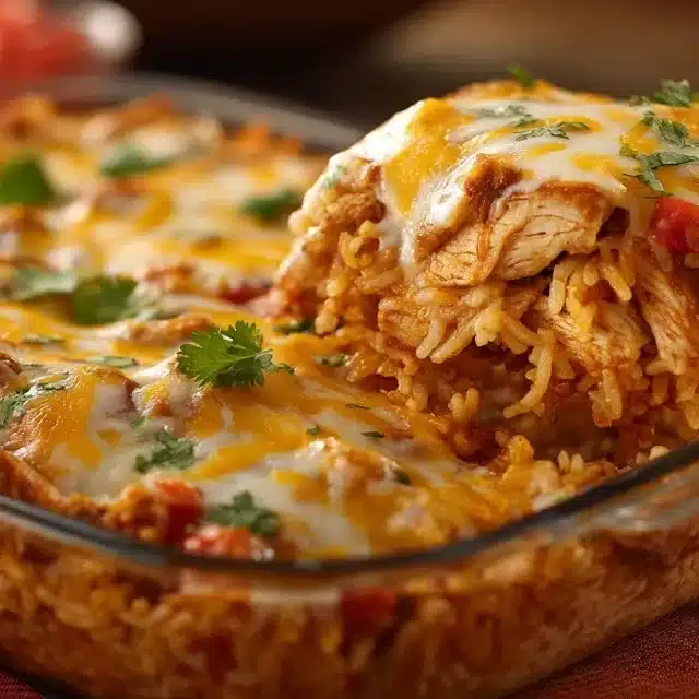 Mexican chicken and rice bake with melted cheese and cilantro in a glass dish