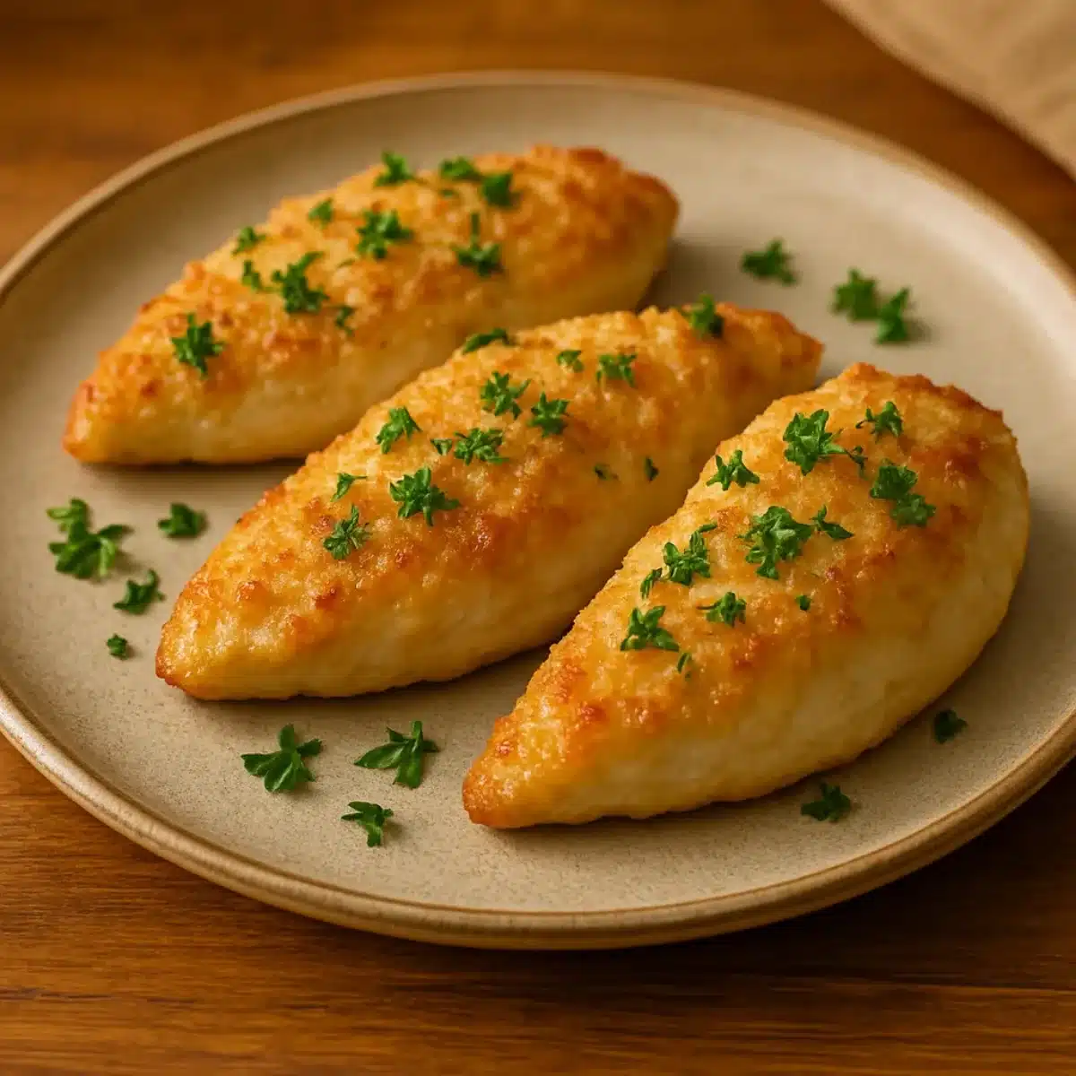 Finished parmesan crusted chicken recipe Hellmann's with garnish