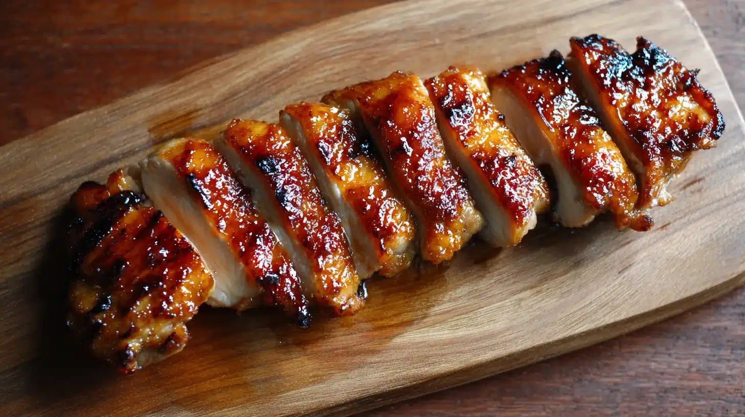Resting grilled teriyaki chicken thighs before slicing