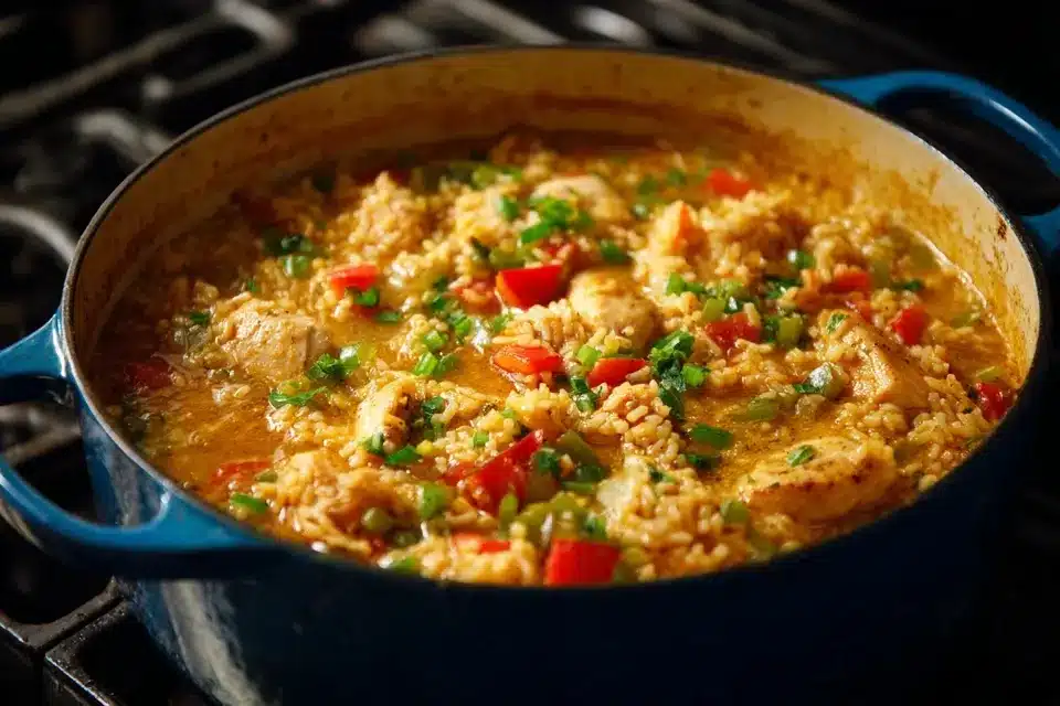 Cajun Chicken and Rice simmering covered on stove