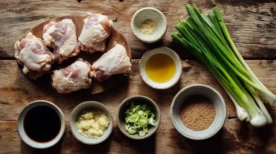  Ingredients for grilled teriyaki chicken laid out on wooden counter