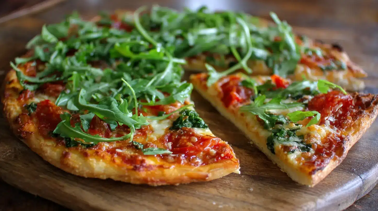 Canned chicken pizza crust served on a rustic plate