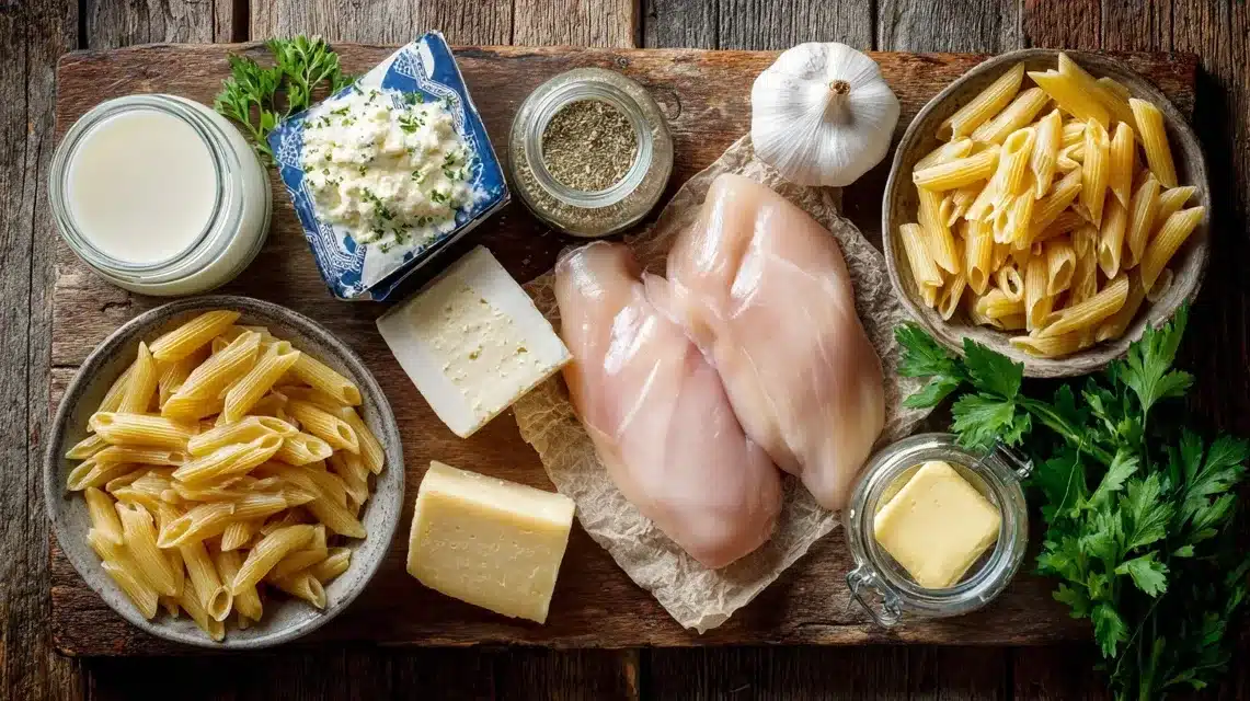 Garlic Parmesan Chicken Pasta ingredients laid out on a kitchen counter