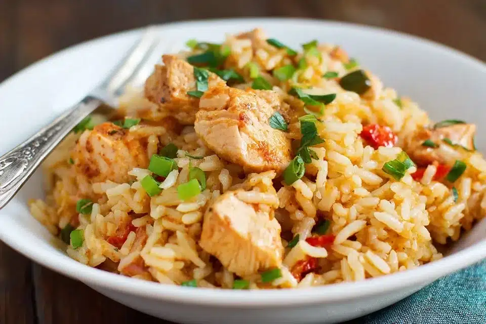Cajun Chicken and Rice served on a rustic plate
