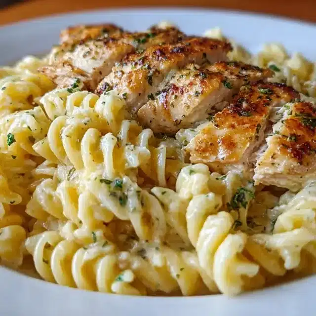 Garlic Parmesan Chicken Pasta served on a rustic plate